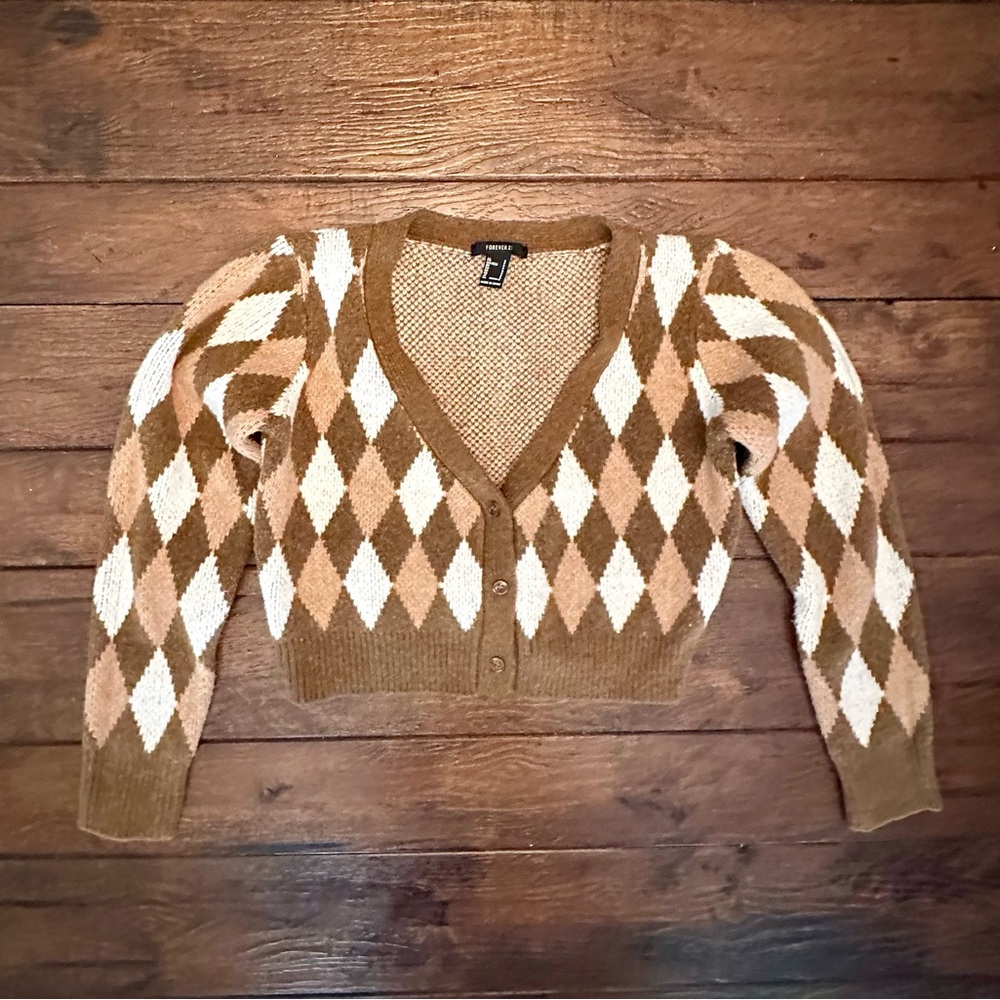 Brown Argyle-Print Cropped Cardigan